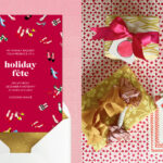 A red holiday party invitation with colorful high heeled shoes around the border. Right: An overhead photo of yellow-wrapped gifts on a red and white patterned background.