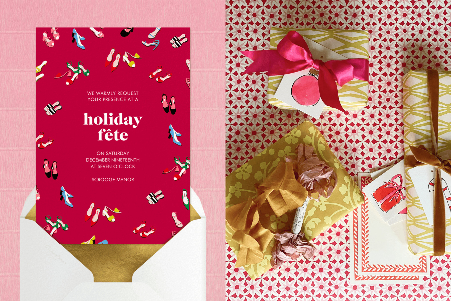 A red holiday party invitation with colorful high heeled shoes around the border. Right: An overhead photo of yellow-wrapped gifts on a red and white patterned background.