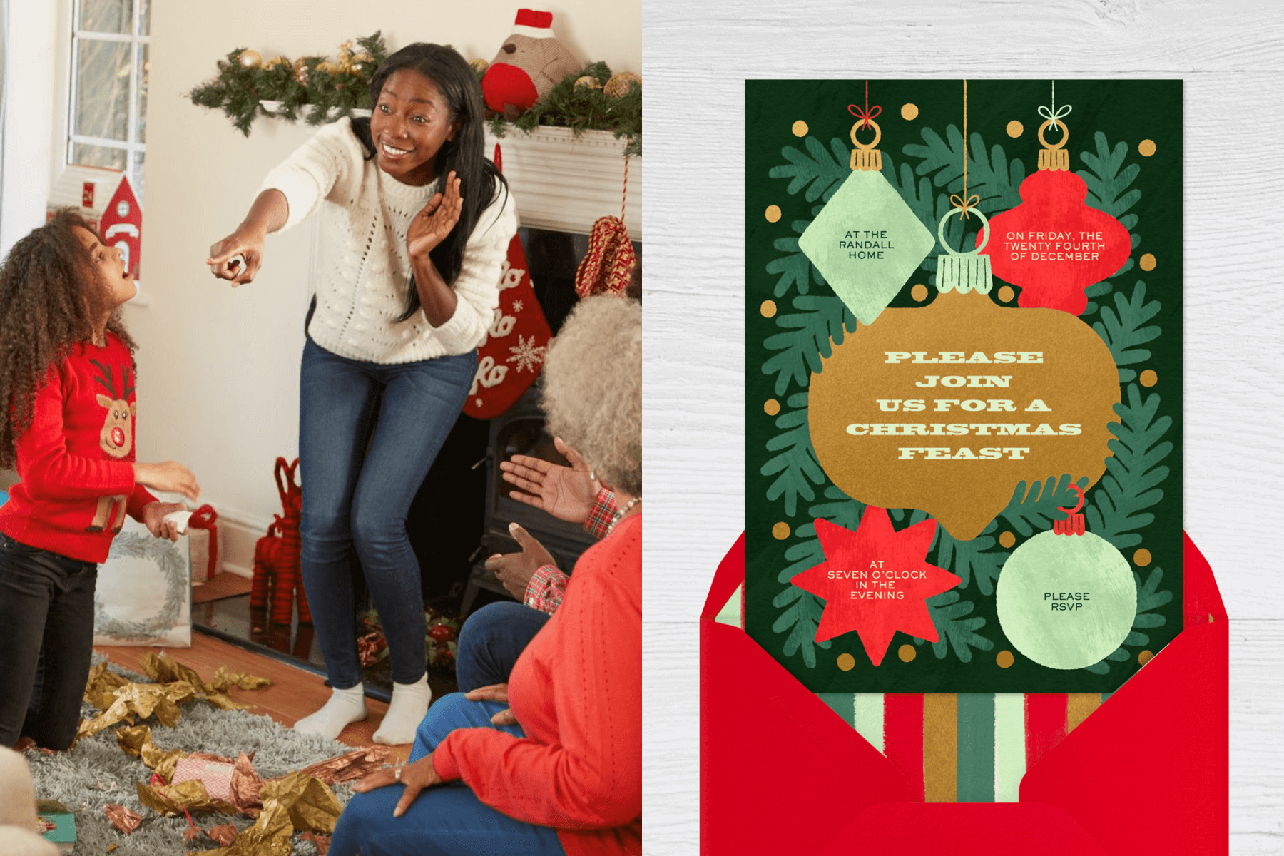 left: In a room decorated for Christmas, a woman plays charades with her multi-generational family. Right: A Christmas party invitation with illustrated green, red, and gold Christmas bulb ornaments in front of green fir branches.