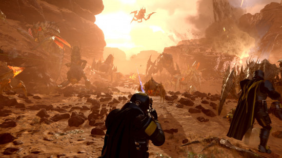 Helldivers 2: A team of Helldivers battling alien threats on a hostile planet, showcasing the game's cooperative gameplay and intense action