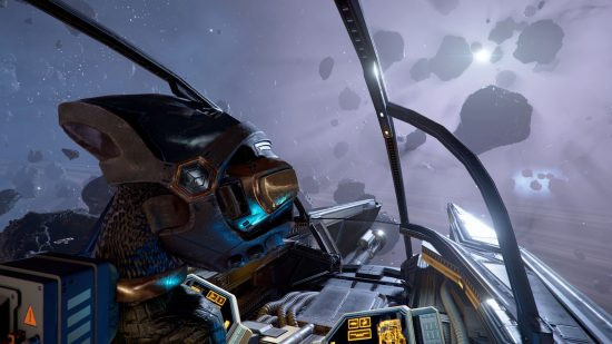 X4: Foundations: An alien flying a spaceship through an asteroid field, showcasing the game's expansive universe and detailed spaceship design