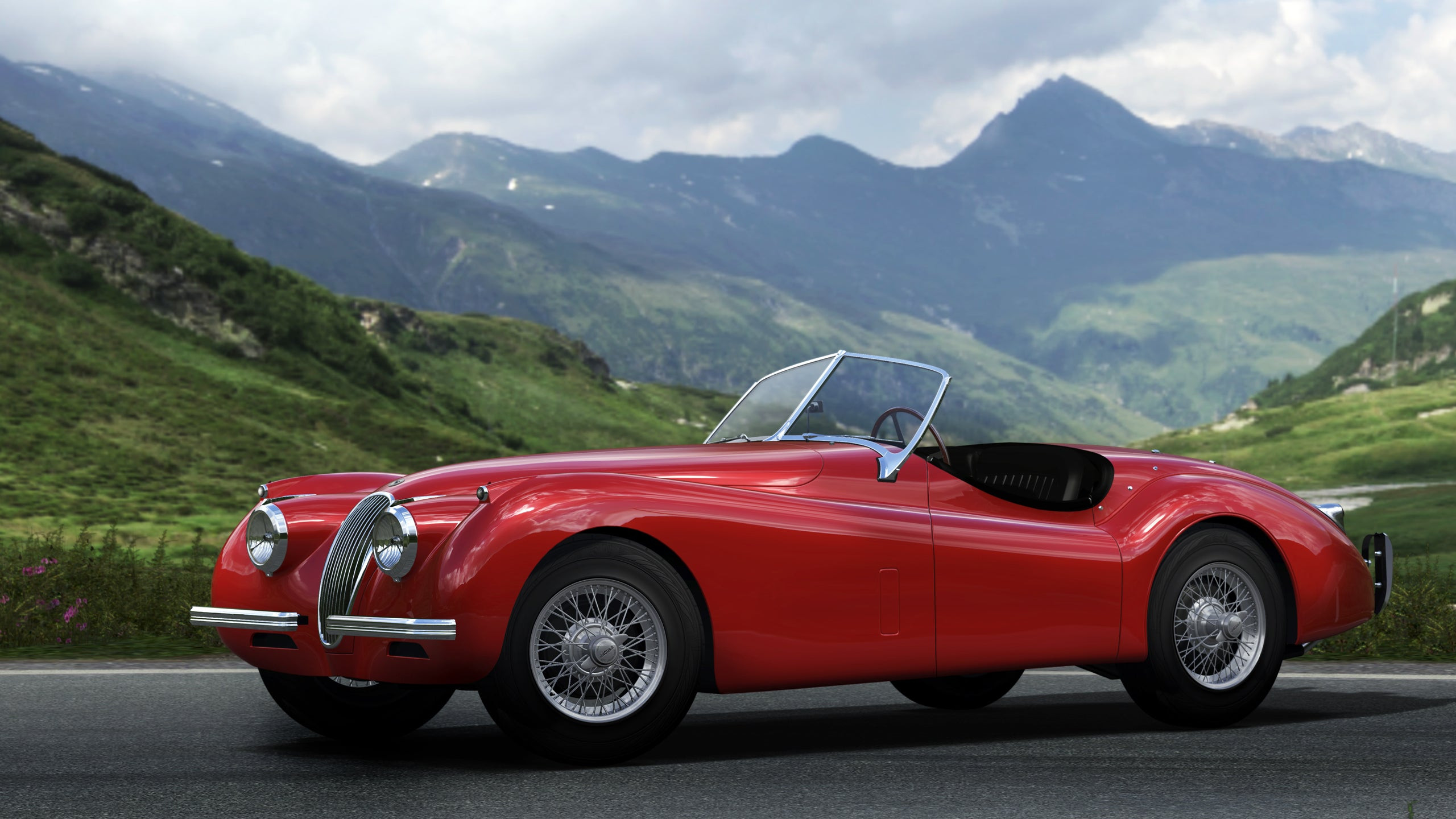 A red vintage jaguar in front of rolling green hills in Forza Motorsport 4
