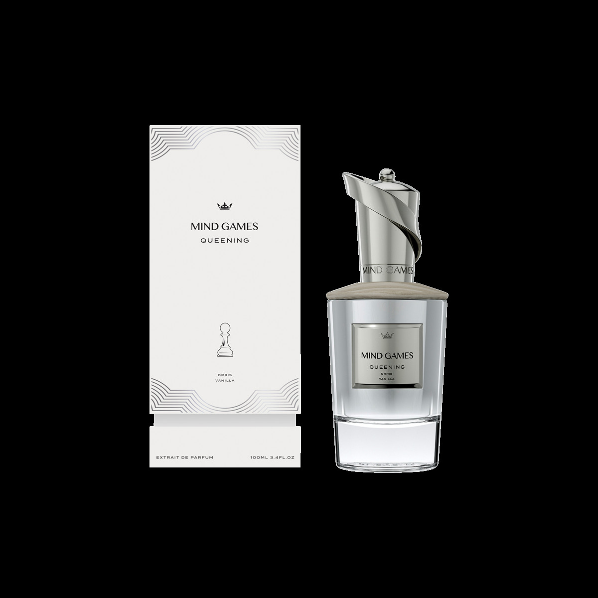 Close-up of Mind Games Queening Extrait de Parfum bottle highlighting its design
