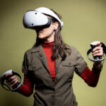 The PlayStation VR2 headset with its controllers, showcasing its sleek design and advanced features.