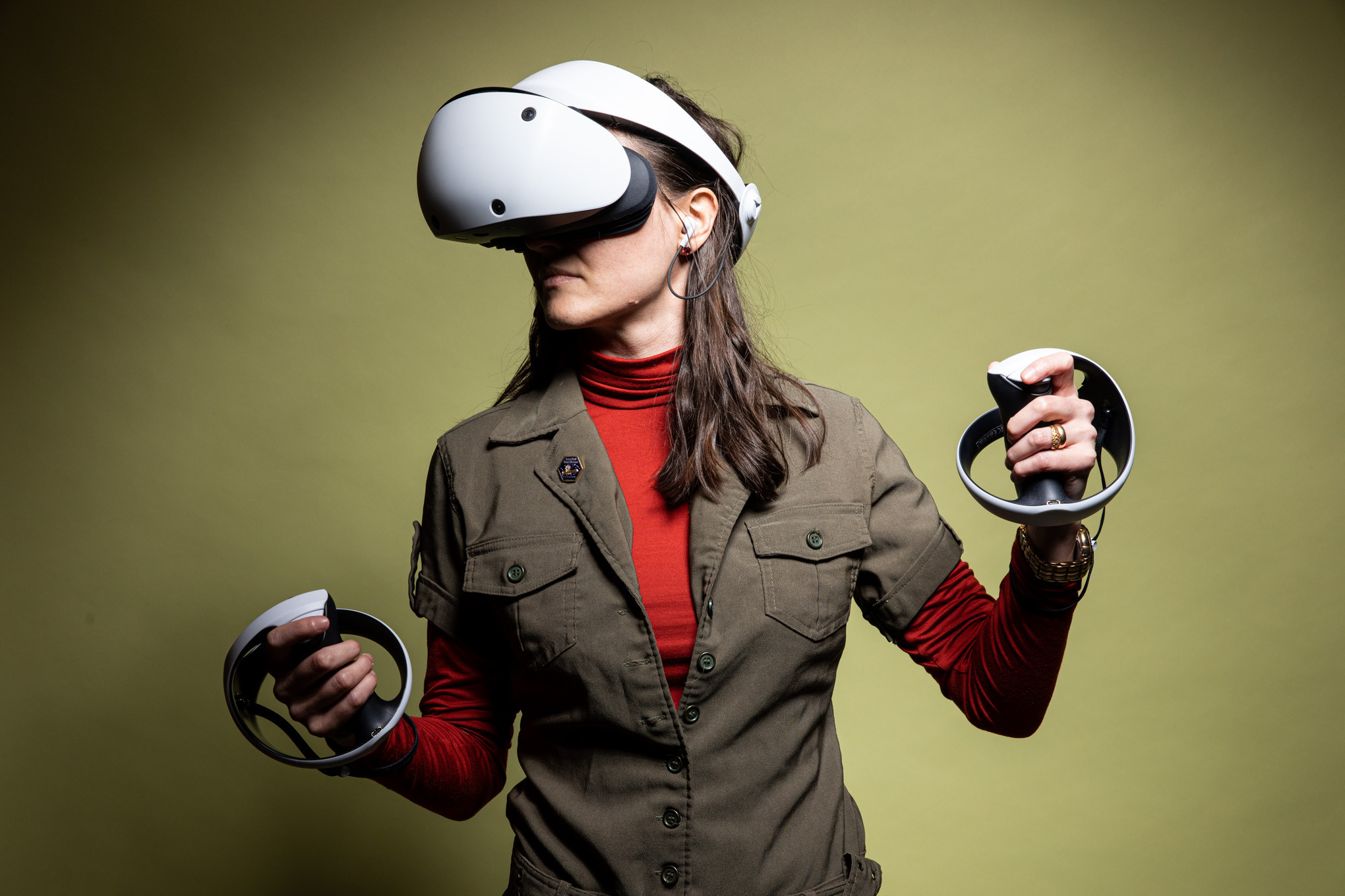 The PlayStation VR2 headset with its controllers, showcasing its sleek design and advanced features.