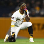 Andrew McCutchen of the Pittsburgh Pirates looks on after a fan fell from the stands during a game against the Chicago Cubs at PNC Park in Pittsburgh on April 30