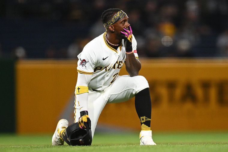 Andrew McCutchen of the Pittsburgh Pirates looks on after a fan fell from the stands during a game against the Chicago Cubs at PNC Park in Pittsburgh on April 30