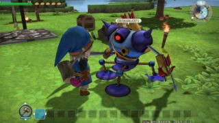 Dragon Quest Builders gameplay on PS Vita showcasing building and exploration in a blocky world with Dragon Quest characters.