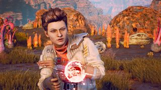 A player on an alien planet in The Outer Worlds looking at the landscape