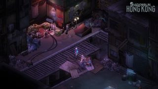 Shadowrun: Hong Kong depicts a trio of characters navigating a dimly lit back alley, capturing the gritty, urban feel of the game's cyberpunk setting.
