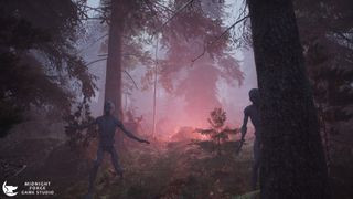 Nowhere production still of enemies haunting the woods, a red fire billowing smoke in the background.