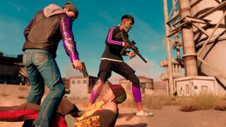 Two players holding guns during the game Saints Row