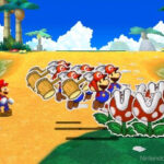 Mario & Luigi: Superstar Saga gameplay featuring Mario and Luigi fighting a boss together.