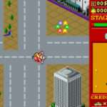 Digital screenshot of a retro arcade racing game