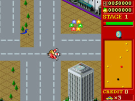 Digital screenshot of a retro arcade racing game