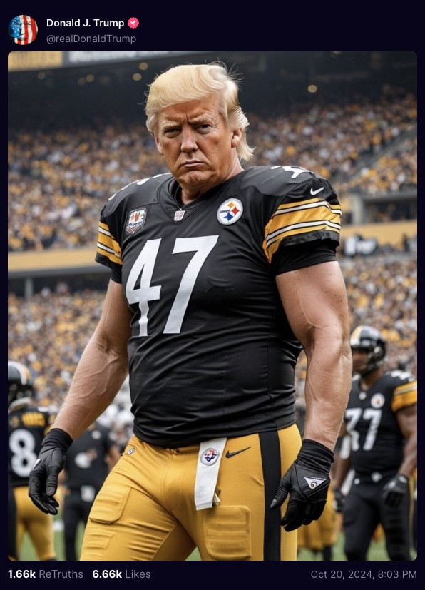 Trump also posted a picture of himself as a Steelers player. TruthSocial / @realDonaldTrump