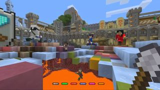 Minecraft PS Vita gameplay showcasing a player constructing a building in a vibrant, block-filled world.