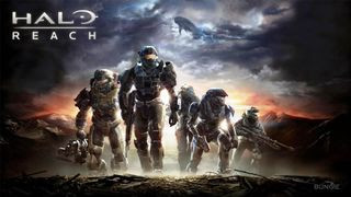 A screenshot of a group on soldiers walking on an alien planet during Halo: Reach.