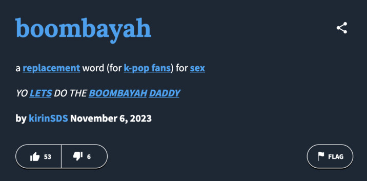 Urban Dictionary definition of boombayah as a replacement word for sex among K-pop fans