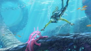 A player touching an underwater alien during  Subnautica