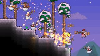 A screenshot of a Christmas event during Terraria