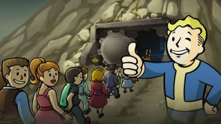 Fallout Shelter artwork showing a blonde man holding his thumb up and winking as many smiling people walk into a cave behind him