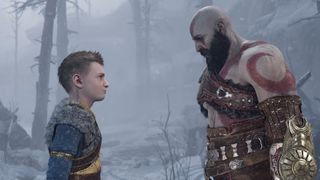 Kratos and Atreus in God of War looking at a mysterious landscape