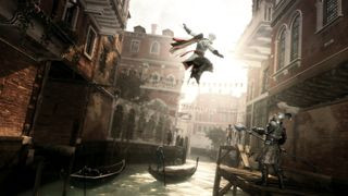 A player jumping over a small river in Italy during Assassin