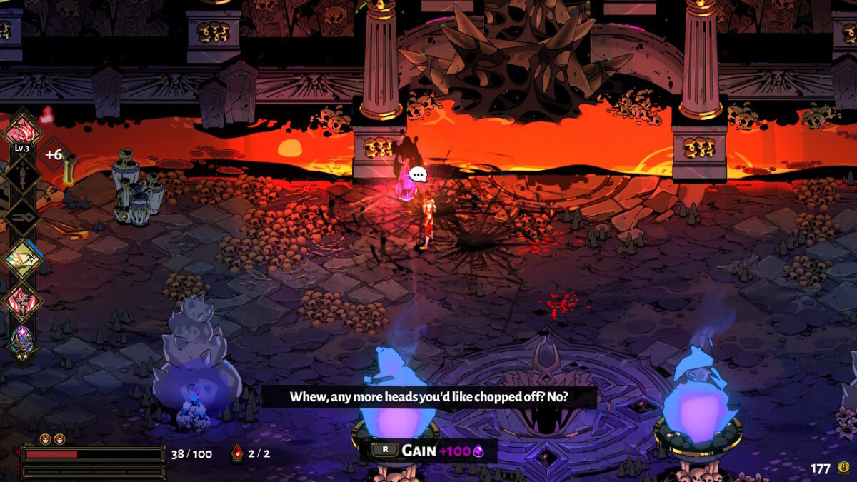 The character is in a lava filled room, battling enemies.