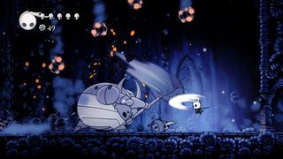 Hollow Knight gameplay with the False Knight boss.