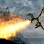 A dragon blasts a man with a shield in Skyrim