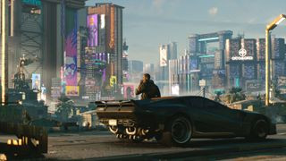 A player outside of their car in one of the best RPGs, Cyberpunk 2077.