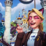 Disney Dreamlight Valley - a player smiles and poses in front of the Disney castle in Dreamlight Valley