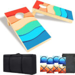 A beachy-colored set of cornhole boards and bags. The boards have orange, blue, and yellow stripes. The image also includes photos of the travel bag and bean bags -- there are four blue-striped bean bags with O