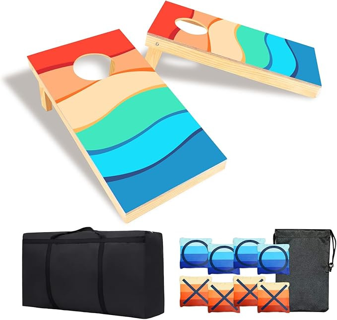 A beachy-colored set of cornhole boards and bags. The boards have orange, blue, and yellow stripes. The image also includes photos of the travel bag and bean bags -- there are four blue-striped bean bags with O