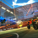 Rocket League gameplay featuring cars playing soccer