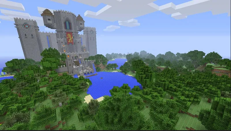 Minecraft gameplay showing a landscape with various structures