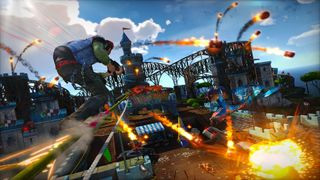A player dodging rockets in Sunset Overdrive, an Xbox exclusive, showing off the game's vibrant and chaotic action