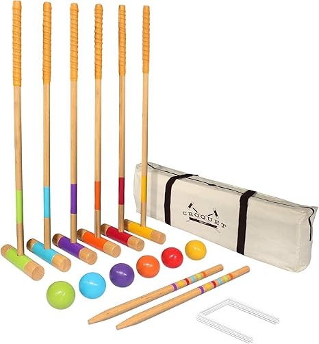 A colorful set of six croquet mallets are laid out against a white background. 