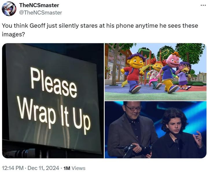 A tweet sharing three images: one of the Bill Clinton kid crashing The Game Awards, one of the show *Sid the Science Kid*, and one of the teleprompter
