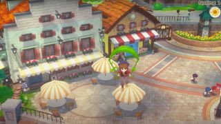 A screenshot of a player gliding over Zephyr Town during the upcoming Switch game, Story of Seasons: Grand Bazar