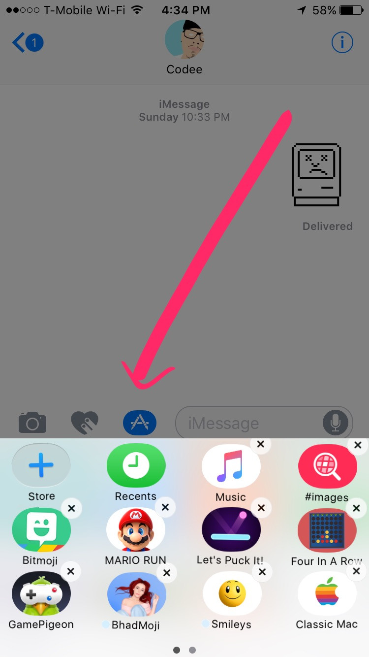 Access the App Store icon in Messages to delete Game Pigeon
