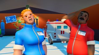 Woman and man standing in front of an ambulance in The Stretchers