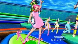 A pink girl dancing during Space Channel 5, one of the best Dreamcast games.