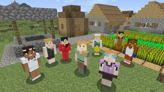 A group on Minecraft avatars looking at the viewer