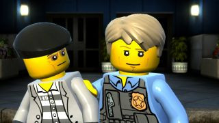 Chase McCain holding a criminal during the game Lego City Undercover