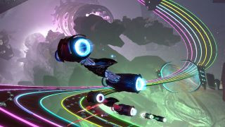 A screenshot of three ships racing along a neon track during a level in one of the best PS2 games, Amplitude.