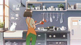 A cartoon woman catches a tomato while cooking in Rhythm Heaven Groove