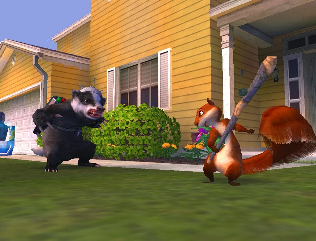 Over the Hedge characters RJ, Hammy, Verne, and Stella planning their next adventure