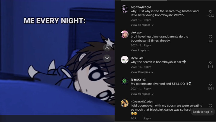 TikTok video showing comments using boombayah as algospeak